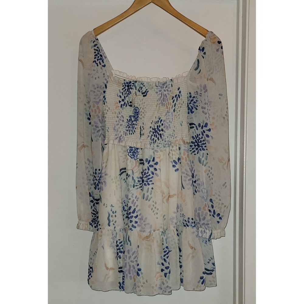 Wilfred Aritzia XS Floral‎ Smocked Mini Dress Blue Purple Long Sleeve Boho - Picture 2 of 4